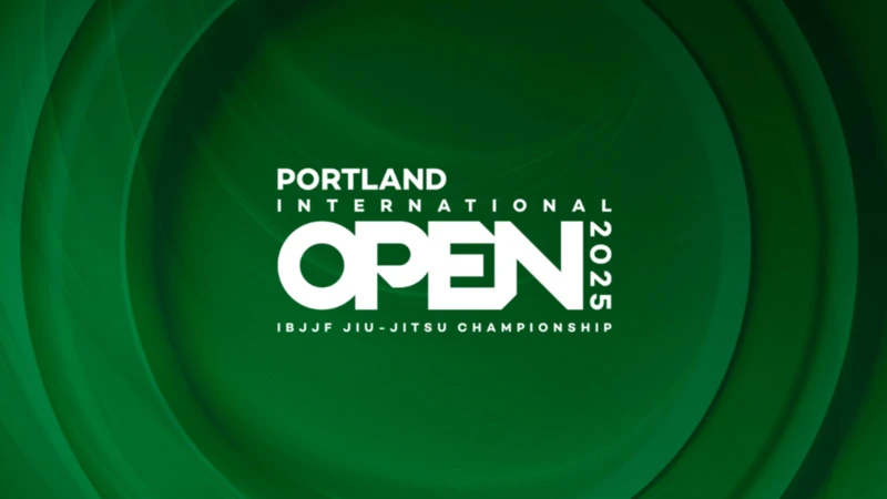 A logo for the IBJJF Portland Open on a green background