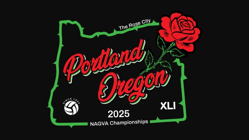 A promotional image for the NAGVA 2025 Championship with a green outline of the state of Oregon with "Portland Oregon" in the center with a rose.