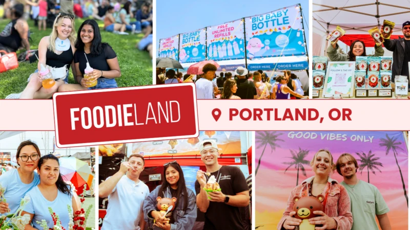 Collage of scenes from FoodieLand festival in Portland, Oregon. The image includes colorful food items such as rainbow shaved ice, drinks in baby bottle-shaped containers, and various snacks. People are shown holding food in outdoor and vendor booth settings. Visible signage includes “FOODIELAND” in bold red letters and “PORTLAND, OR” with a location pin. Background elements feature crowds, vendor tents, decorative flowers, and a pink backdrop with the words “GOOD VIBES ONLY.”