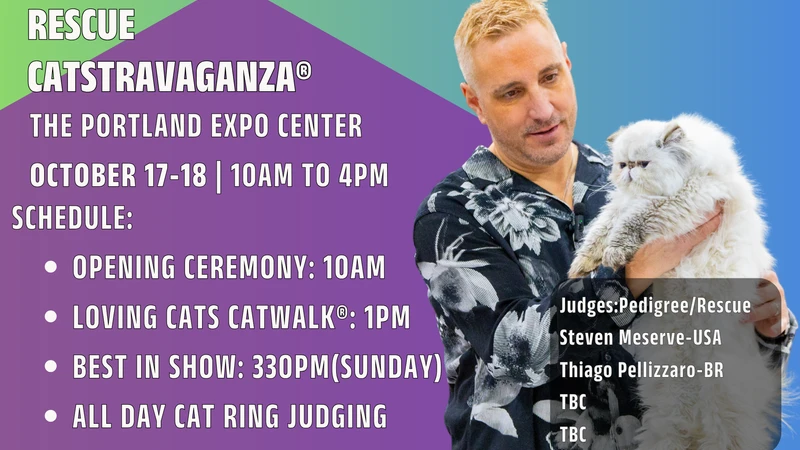 A promotional flier for the event including a person holding up a white cat.
