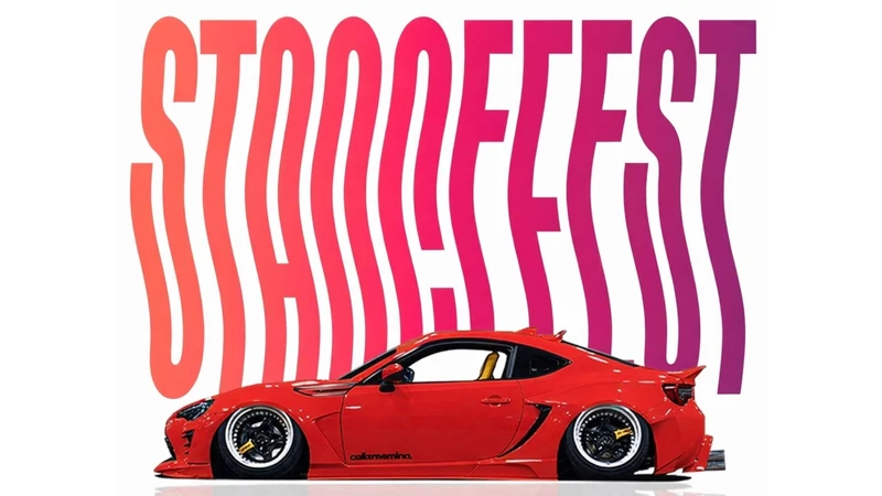 Promotional graphic for Stancefest featuring a modified red sports coupe with an extremely low stance positioned in front of large stylized 'STANCEFEST' text in a pink-to-purple gradient.
