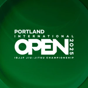 A logo for the IBJJF Portland Open on a green background