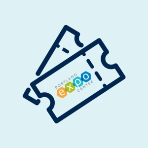 simple line drawing image showing two tickets with expo logo on them