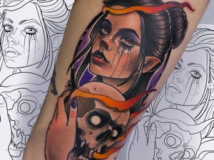 a photo of an award winning tattoo of a girls face with a skeleton underneath.