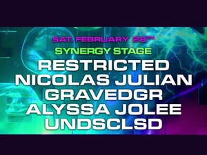 Graphic for the Saturday, February 28 Synergy Stage lineup at the “Now More Than Ever” event. The background shows green and blue neon lighting with swirling abstract shapes. Artist names listed are Restricted, Nicolas Julian, Gravedgr, Alyssa Jolee, and Undsclsd.