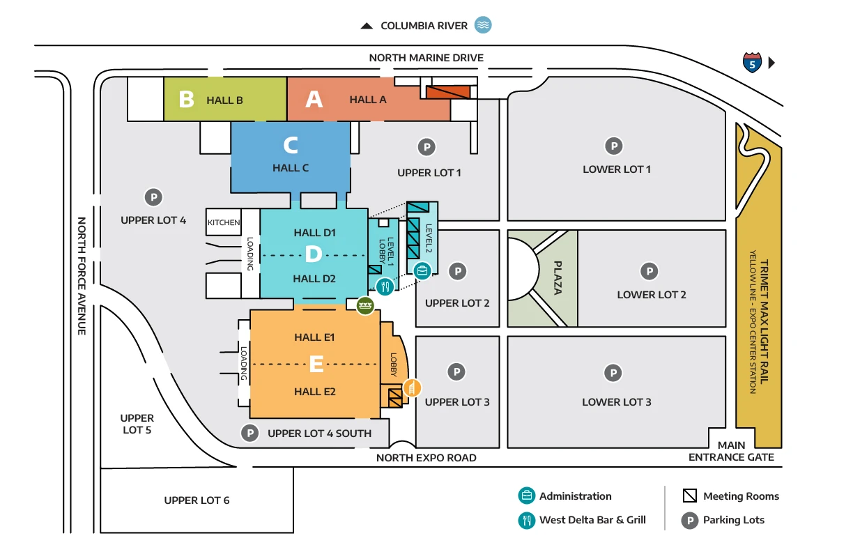 The Portland Expo Center is bordered by North Force Avenue (west), North Marine Drive and the Columbia River (north), I-5 and the TriMet Expo Center Station (east), and North Expo Road (south). It has 5 main exhibit halls—Halls A and B in the north, and Halls C, D, and E to the south. Seven parking lots surround the site; Upper Lot 4 on the west provides direct loading dock access. A small greenspace called The Plaza lies east of Hall D, between Upper and Lower Lot 2.
