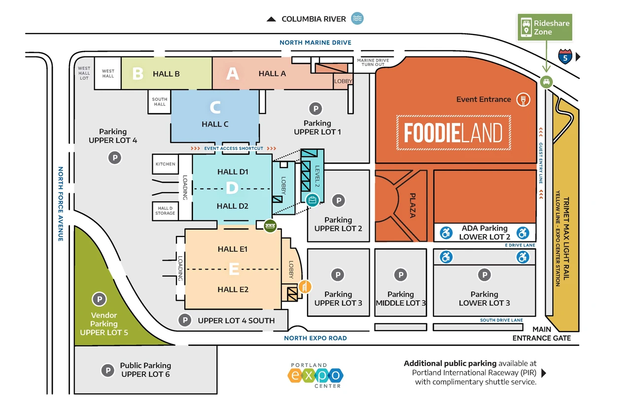 Portland Expo Center map showing event layout with Foodieland located near Hall A and the event entrance, surrounded by multiple parking lots including ADA parking in Lower Lot 2, a rideshare zone near North Marine Drive, MAX light rail access, and the main entrance gate along North Expo Road.