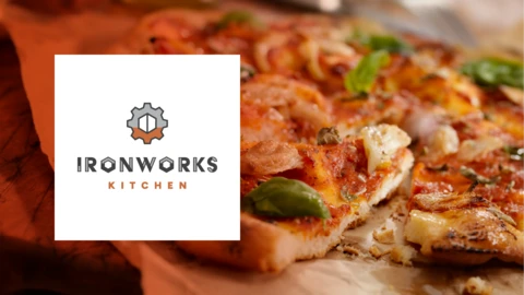 A detailed image of artisan pizza next to a logo for Ironworks Kitchen.